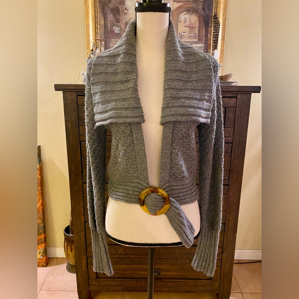 Jeanstar Gray Cardigan with Textured Overlay and Buckle Detail